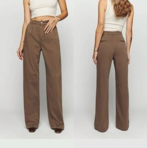 Reformation Women's Montauk Pleated High Rise Twill Pants Shitake Sz 24